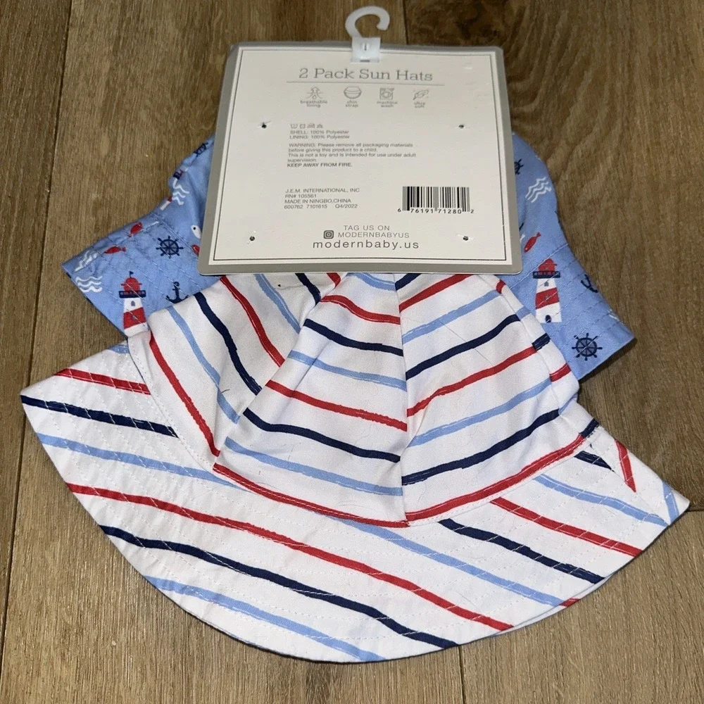 Modern‎ Baby 2 Pack Sun Hats Breathable Lining Chin Strap Wide Brim 12-18 Mo UPF